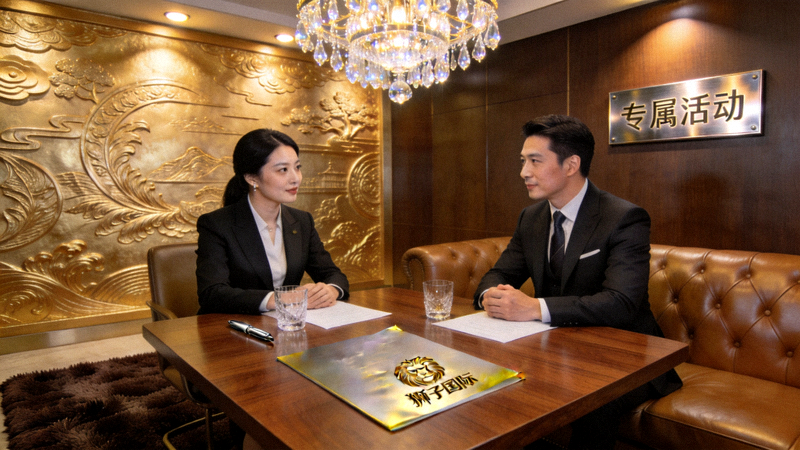 高端商务人士在奢华会议厅进行私人会谈的场景，体现狮子国际为高净值客户定制的专属活动
