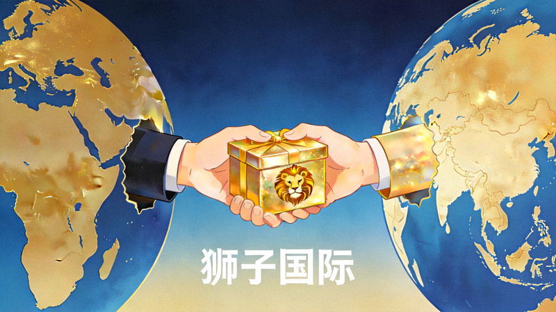 两只手从不同大陆板块伸出，握在一起并交换礼盒，象征狮子国际与国际伙伴的跨境合作与双重福利
