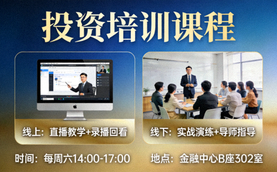 投资培训课程宣传图，展示线上线下培训课程的内容